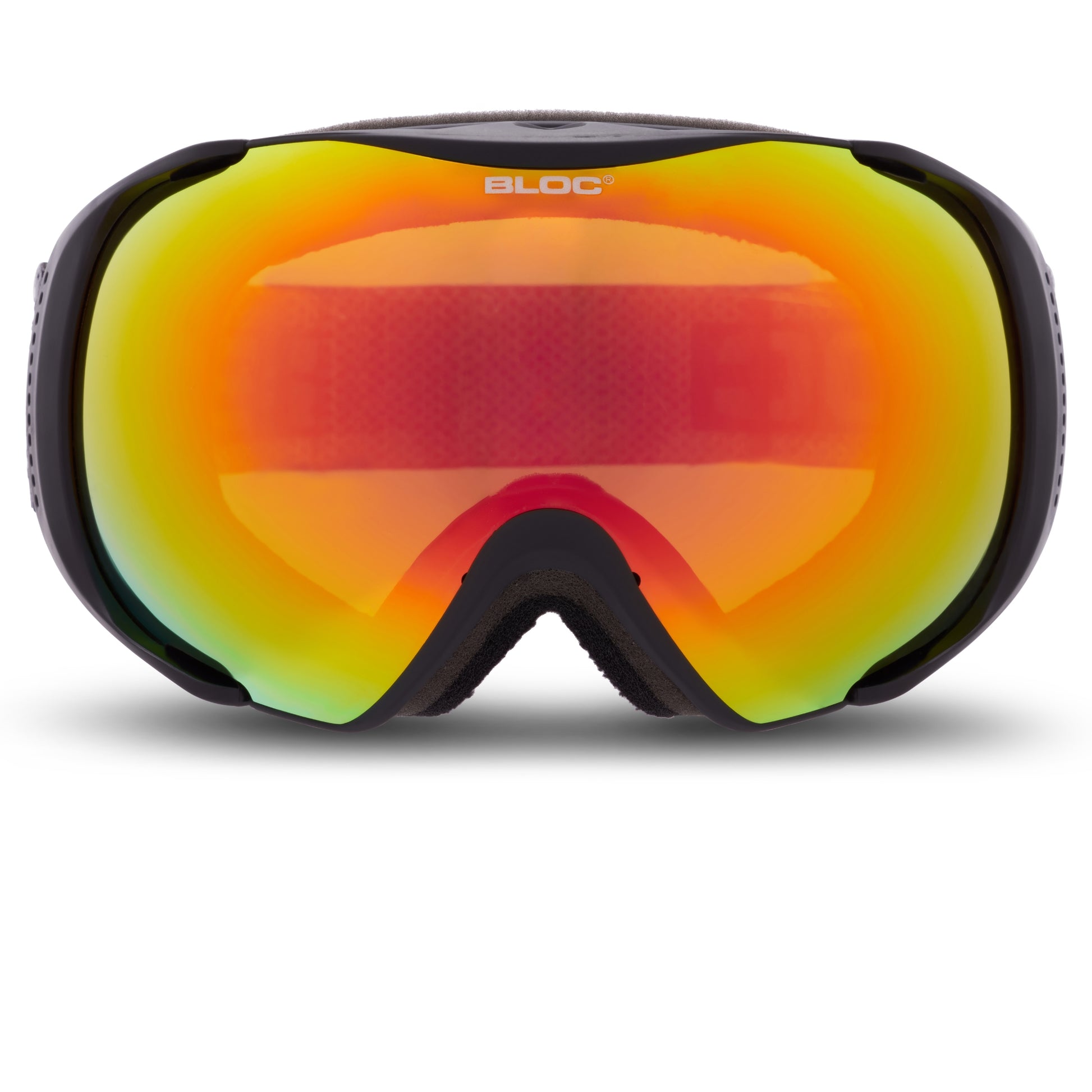 Ski goggles with colorful lens and black frame on a white background