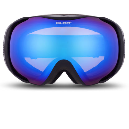 Blue and purple ski goggles with 'BLOC' branding on a white background
