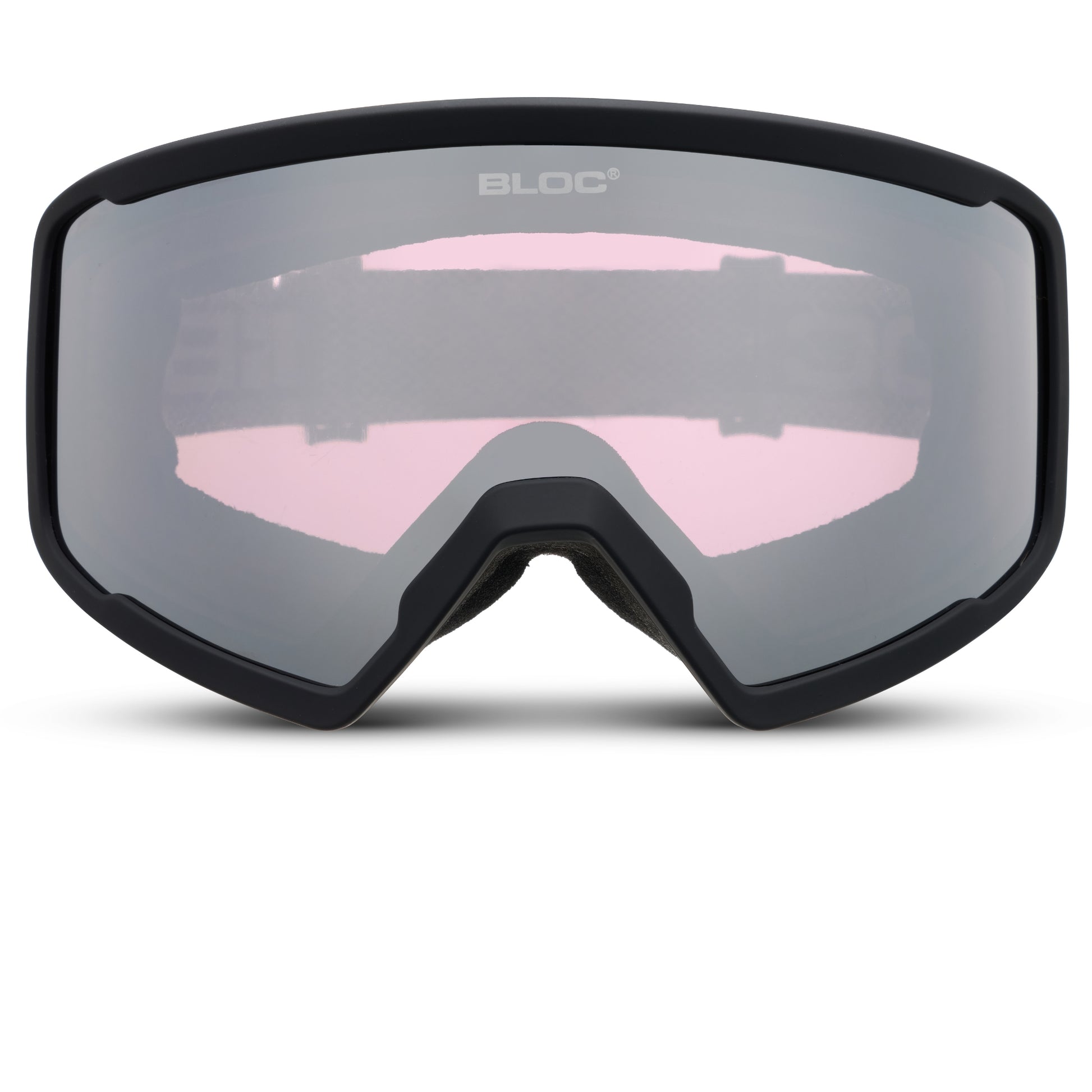 Black goggles with pink interior on a white background