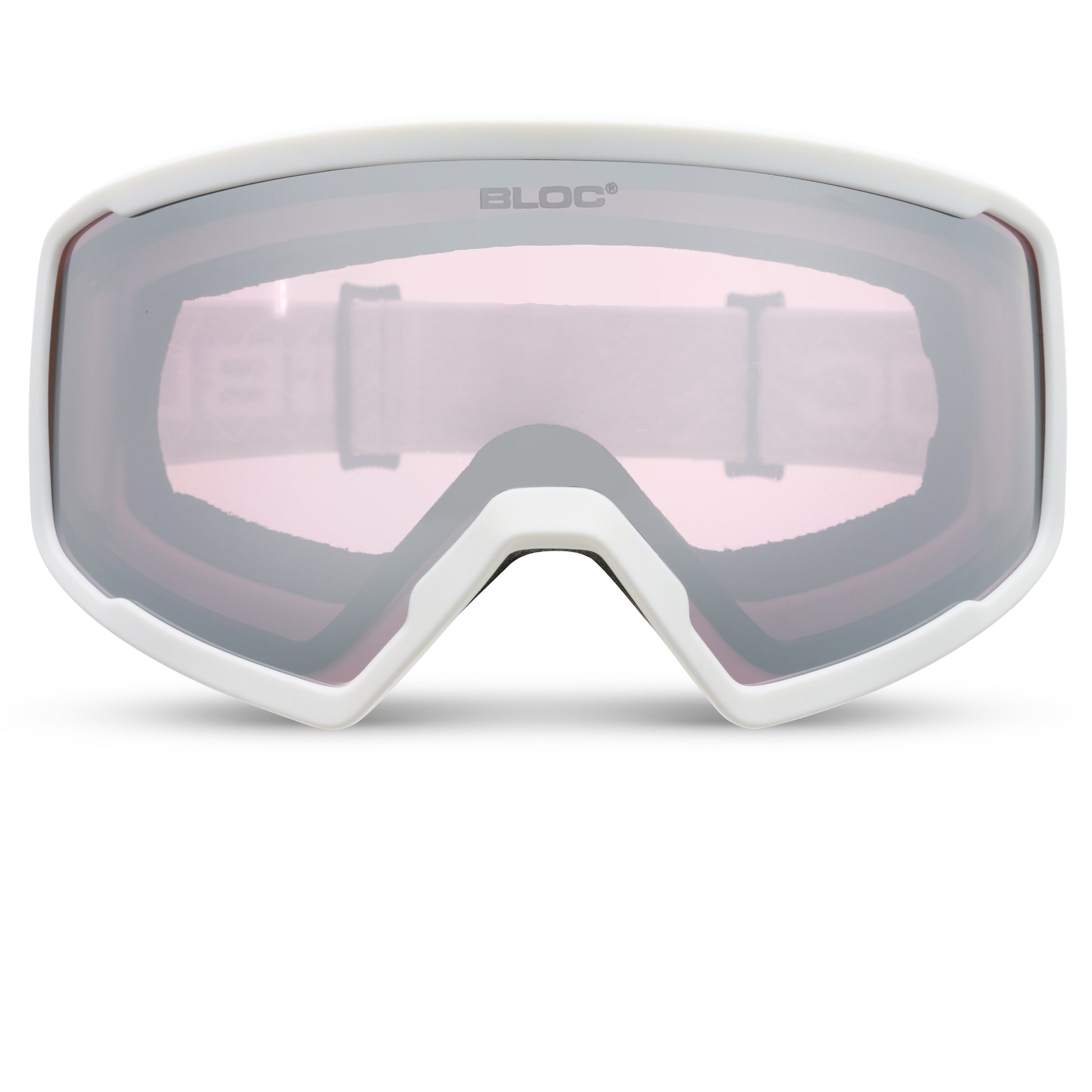 White goggles with pink lenses on a white background