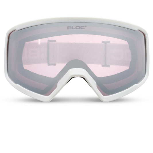 White goggles with pink lenses on a white background