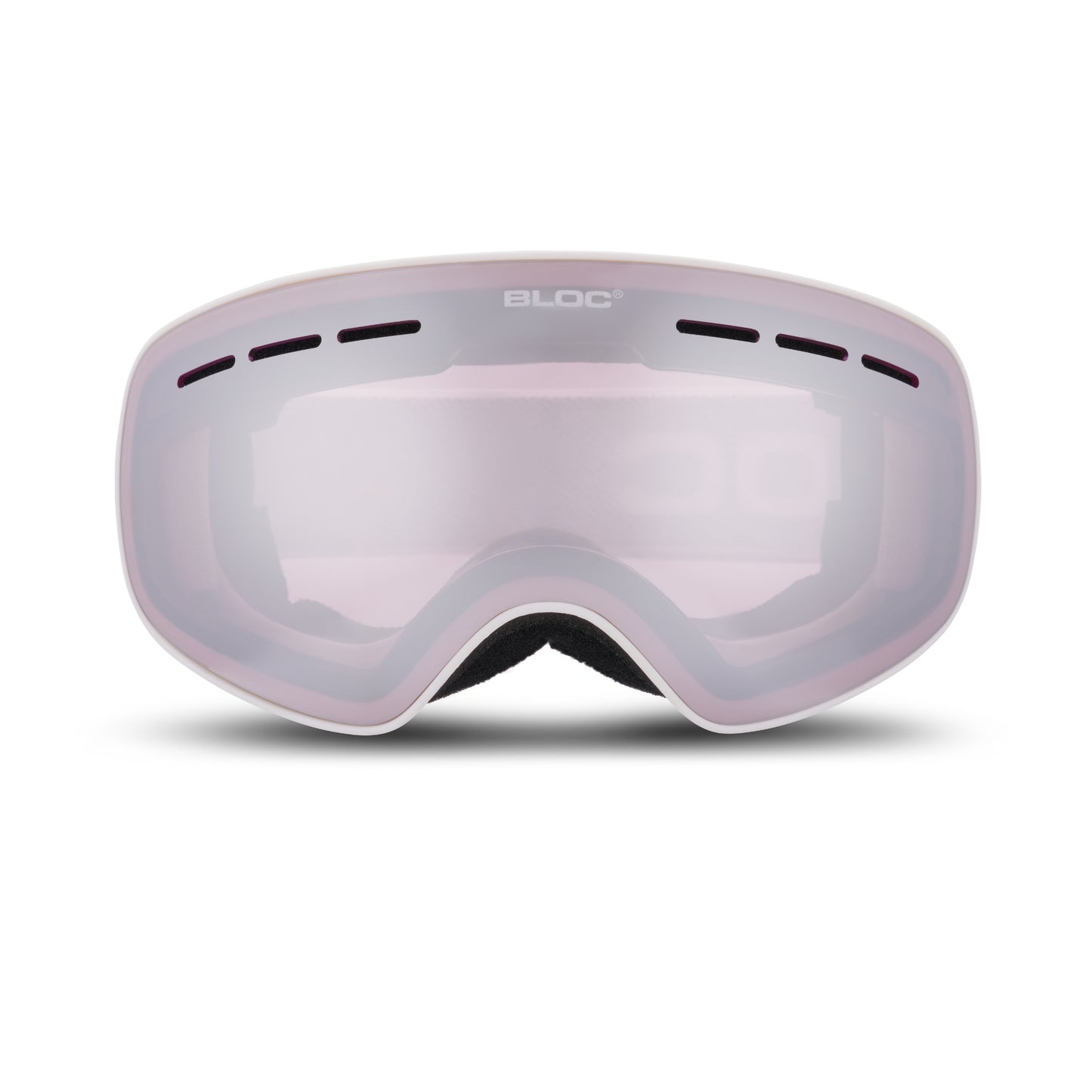 Gray goggles with a reflective lens on a white background
