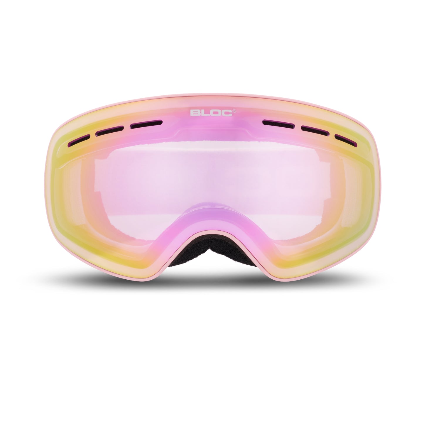 Multicolored ski goggles with 'BLOC' branding on a white background