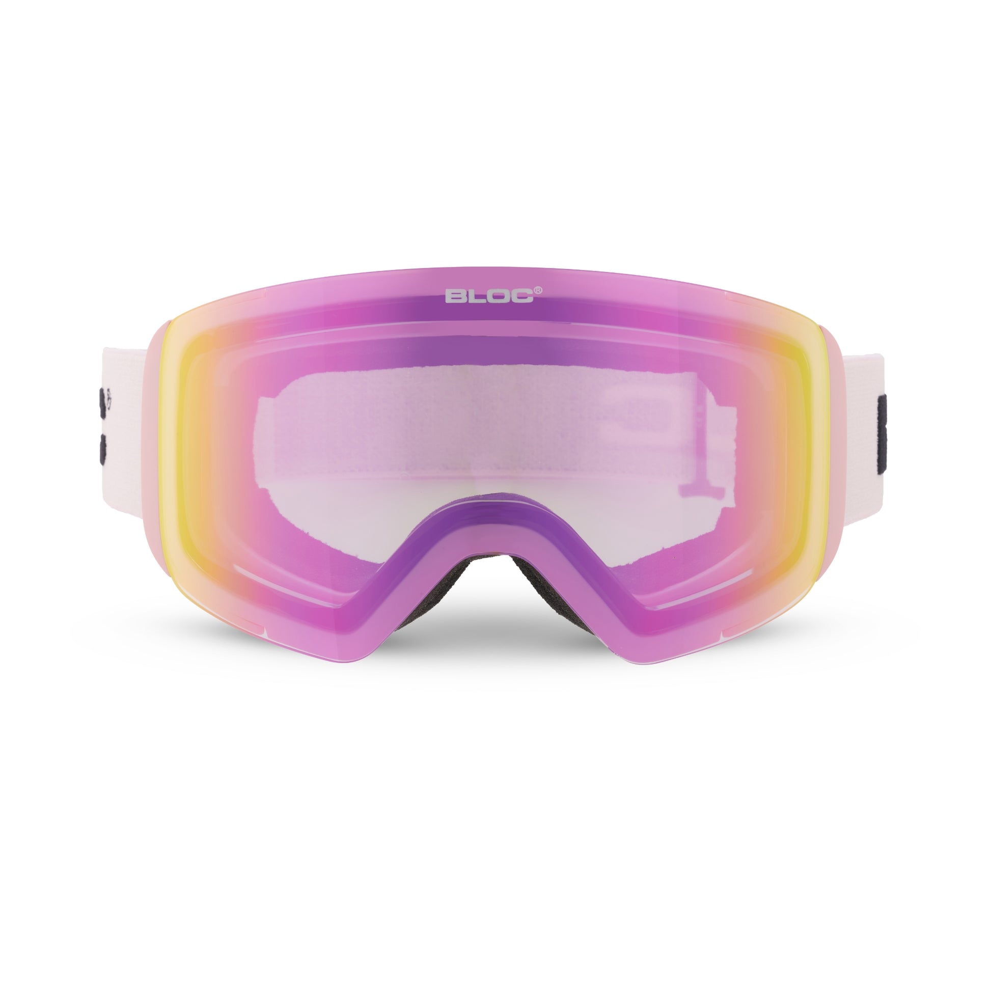Multicolored goggles with a visible brand logo on a white background