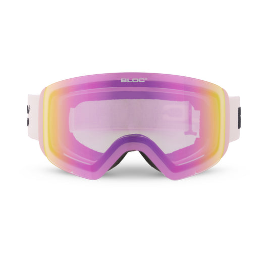 Multicolored goggles with a visible brand logo on a white background