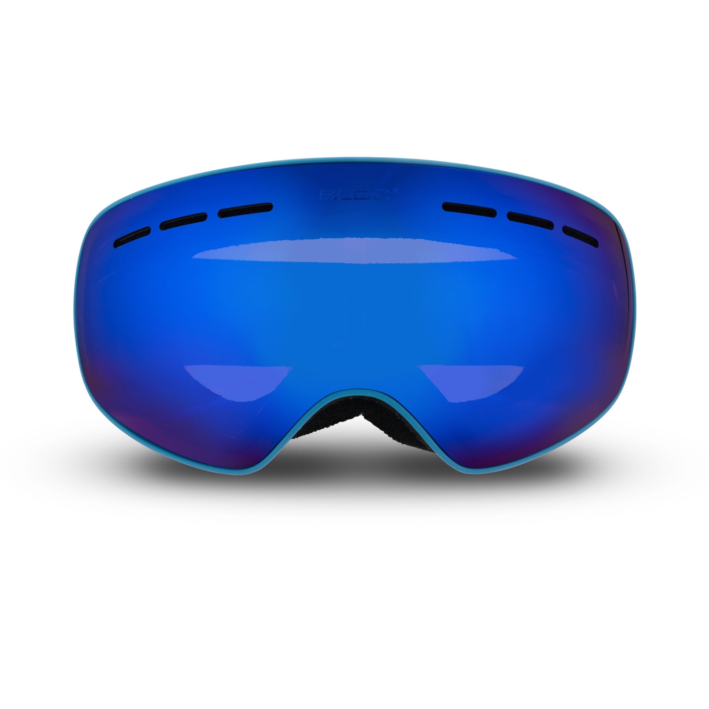 Blue ski goggles on a white background