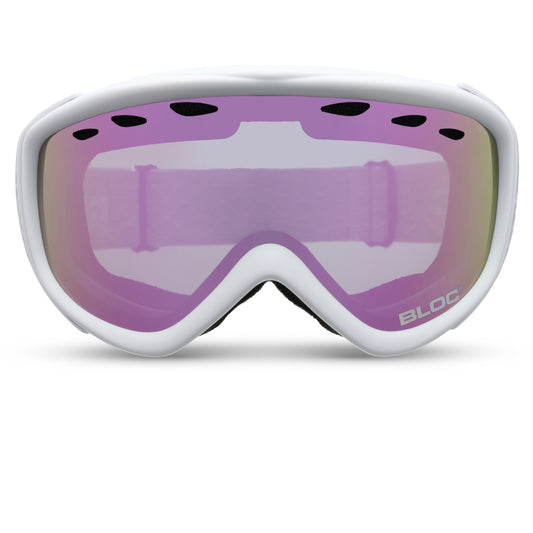 White goggles with pink lenses on a white background