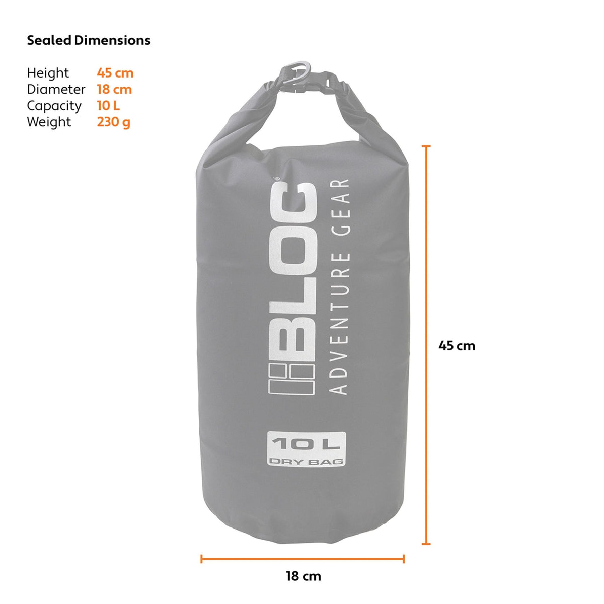 Bloc Adventure Gear black 10 litre waterproof dry sack with TPU coating, roll-top buckle closure and IPX6 water protection.