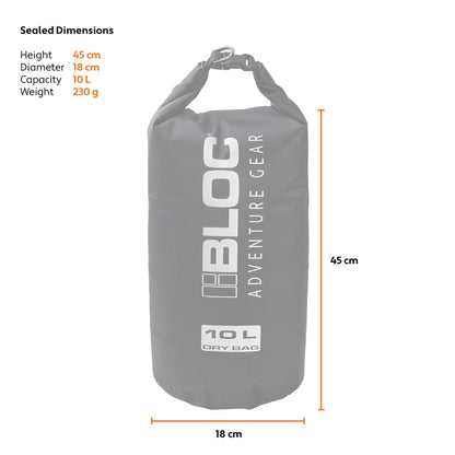 Bloc Adventure Gear black 10 litre waterproof dry sack with TPU coating, roll-top buckle closure and IPX6 water protection.