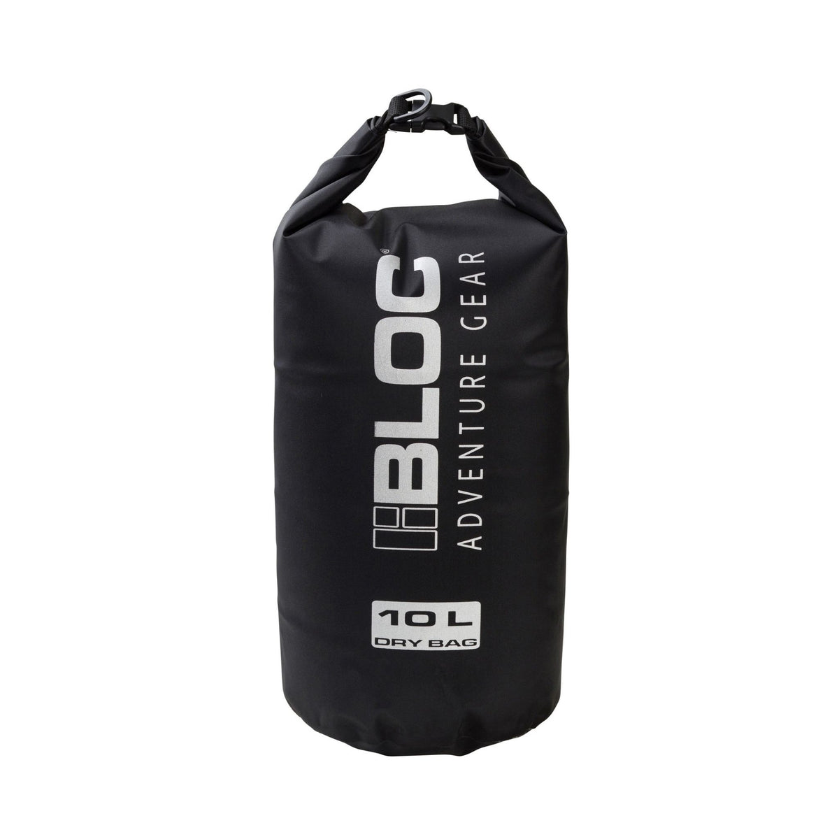 Bloc Adventure Gear black 10 litre waterproof dry sack with TPU coating, roll-top buckle closure and IPX6 water protection.