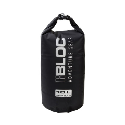 Bloc Adventure Gear black 10 litre waterproof dry sack with TPU coating, roll-top buckle closure and IPX6 water protection.