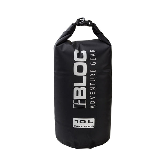 Bloc Adventure Gear black 10 litre waterproof dry sack with TPU coating, roll-top buckle closure and IPX6 water protection.