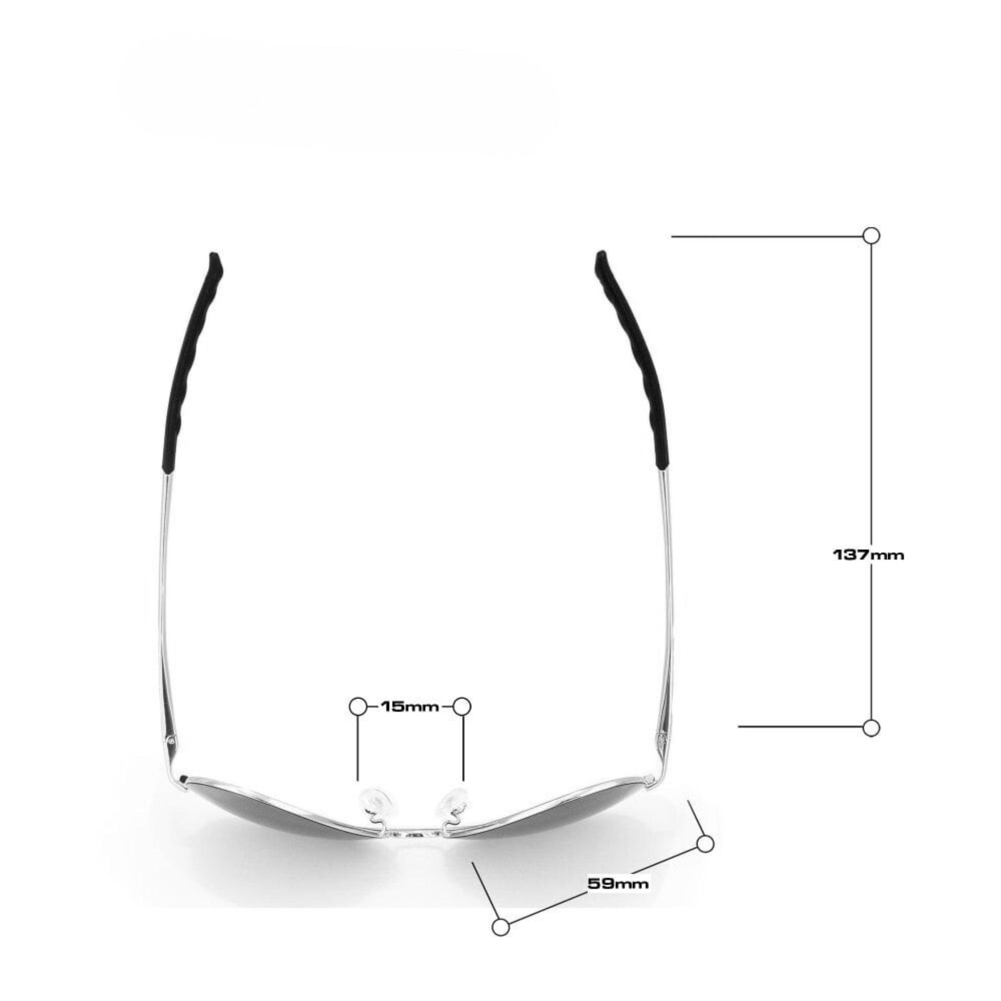 Measurement chart of a pair of sunglasses with dimensions labeled.