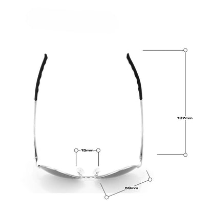Measurement chart of a pair of sunglasses with dimensions labeled.