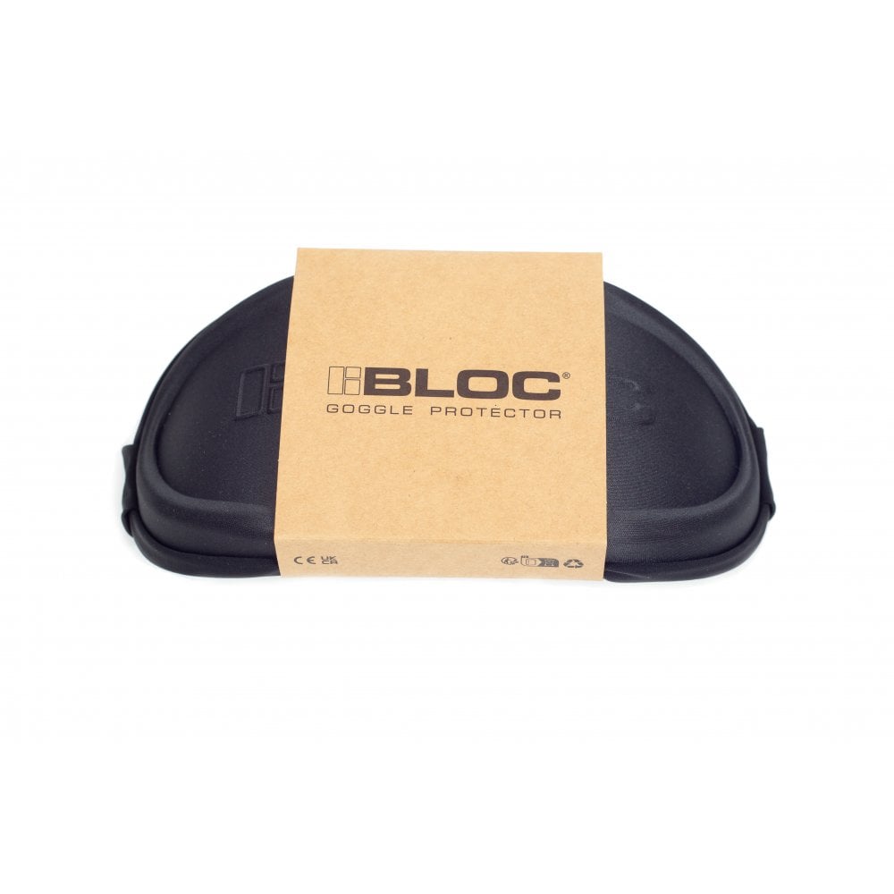 Black goggle protector with a brown cardboard label displaying 'BLOC' on a white background