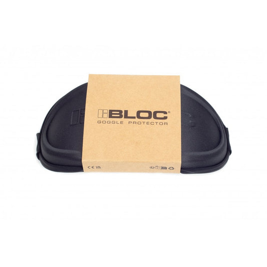 Black goggle protector with a brown cardboard label displaying 'BLOC' on a white background